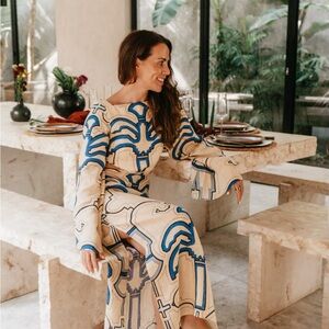 Johanna Ortiz Blue Tan Bell Sleeve Resort Gown